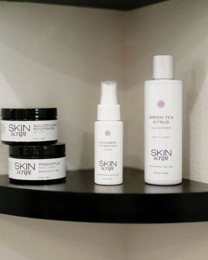 Skin Script professional skincare products on a shelf at AG Studio