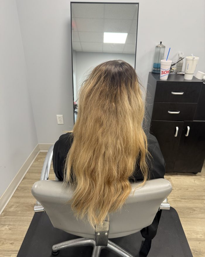 Before, grown-out brassy blonde